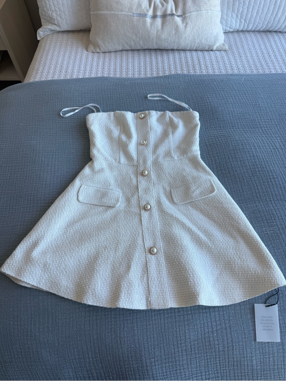 Strapless Mini Dress with Pearl Buttons in Off-White